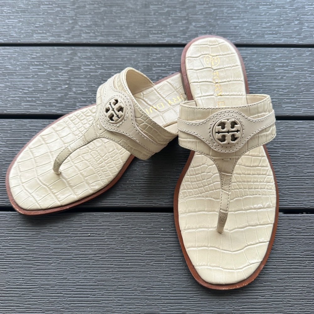 Tory Burch Croc Leather Thong Welt Flat Sandals